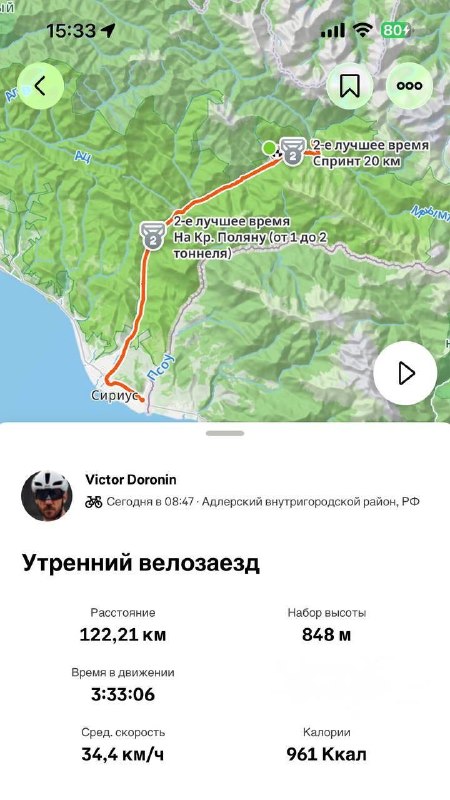Скриншот утреннего велозаезда: маршрут от Сириуса в сторону Красной Поляны, 122,21 км за 3 часа 33 минуты 6 секунд